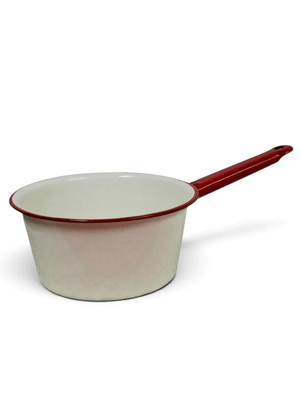 Vintage Red White Enamelware Saucepan Cookware Farmhouse Kitchen Collectible